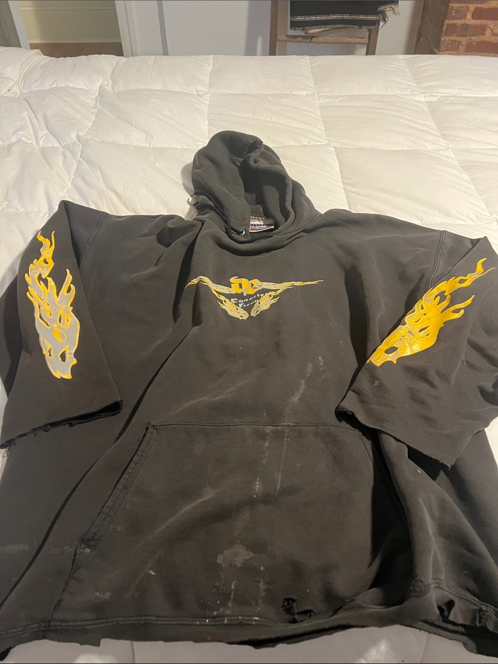 Hanes Black Hoodie with Yellow Flame Sleeve Graphics